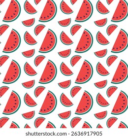 A repeating pattern of red watermelon slices on white background —perfect for summer designs.