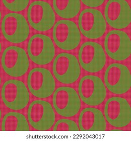 Repeating pattern in retro style. Cranberry color linen texture with a strong hint of peach and a touch of watermelon and green rings. Vector illustration for printing on paper,fabric, packaging.