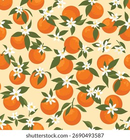 A repeating pattern of ripe oranges with green leaves and small white blossoms.