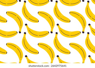 Repeating pattern of ripe yellow bananas on white background. Ideal for summer food packaging, tropical branding, and nutrition-themed prints