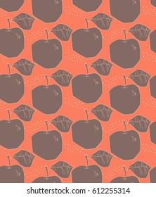 Repeating pattern with Rough abstract brown apples with leaf and dots.Hand drawn with ink and colored with marker brush seamless background. Creative seasonal design with abstract fruits.