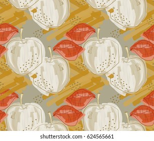 Repeating pattern with Rough abstract light gray apples with leaf on strokes.Hand drawn with ink and colored with marker brush seamless background. Creative seasonal design with abstract fruits.