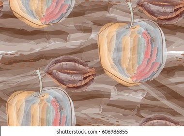 Repeating pattern with Rough abstract textured apples with leaf on watercolor brown.Hand drawn with ink and colored with marker brush seamless background. Creative seasonal design with abstract fruits