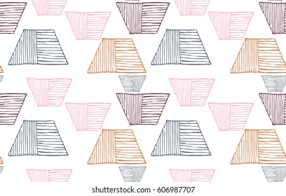 Repeating pattern with Rough uneven striped trapezoids.Hand drawn with ink seamless background. Creative roughly hand drawn shapes.