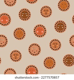 Repeating pattern, round abstract faces. Endless background, guy droll appearance. Colorful vector simple elements
