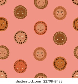 Repeating pattern, round abstract faces. Endless backdrop, man odd image. Vector illustration in simple flat style
