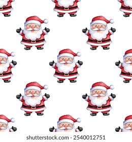 Repeating pattern of Santa Claus illustrations. Santa Claus is dressed in the traditional red suit with a black belt, white beard, and red hat with a white pom-pom. 