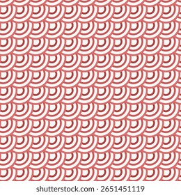 Um padrão repetitivo de arcos semicirculares dispostos em um fluxo semelhante a ondas, inspirado por motivos tradicionais japoneses seigaiha, com um toque moderno usando linhas limpas e tons vermelhos suaves.