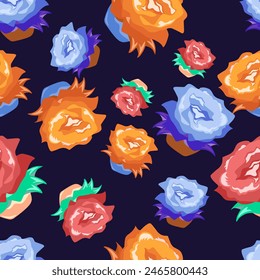 The repeating pattern of several brightly colored flowers decorated on a dark blue background is very stunning for you to have, please download it to become part of your favorite pattern collection