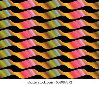 Repeating pattern with Shiny green red yellow wavy ribbons on black.