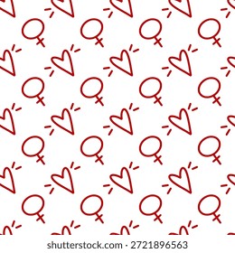 Repeating pattern showing female gender symbols and stylized hearts on white background