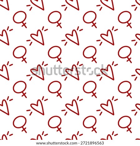 Repeating pattern showing female gender symbols and stylized hearts on white background