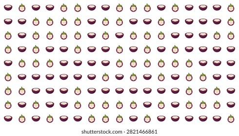 repeating pattern showing fresh mangosteen fruit with purple round shell and creamy white inner flesh on white background for seamless design