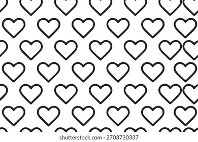 Un patrón repetitivo de corazones de contorno negro simple sobre un fondo blanco, perfecto para temas románticos o decorativos.