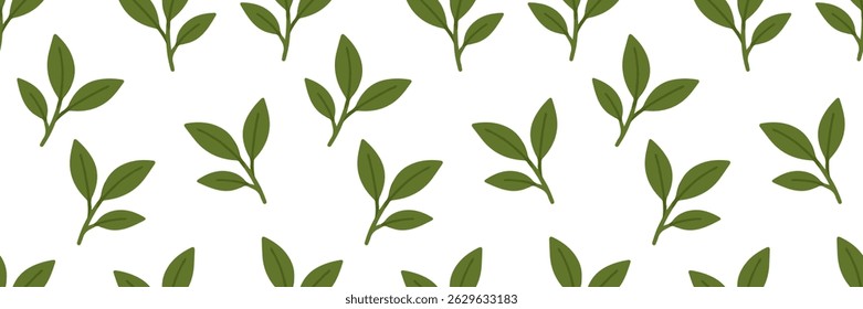 Repeating pattern of simple green leaf sprigs on white background, perfect for nature-themed, botanical, or organic design projects. Vector illustration