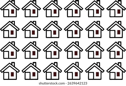 Repeating pattern of simple house outlines with red windows and black borders on a white background. Housing concept.