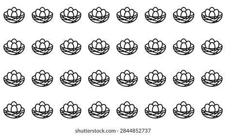 A repeating pattern of simple line art bird nests, each containing three small eggs.