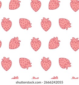 A repeating pattern of simple, outlined strawberries in a pale pink color against a pure white background.