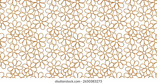 A repeating pattern of simple, outline-style daisies with golden borders against a bright white background. The flowers have five petals and a circular center.