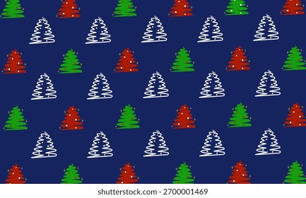 A repeating pattern of simple pine tree illustrations in red, green, and white on a dark blue background, perfect for festive and holiday-themed graphic design projects