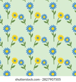 A repeating pattern of simple, stylized blue and yellow flowers on a light green background. The flowers have round centers and pointed petals, arranged in a scattered, somewhat whimsical layout.