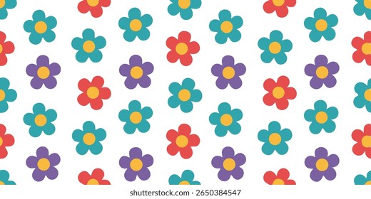 A repeating pattern of simple, stylized flowers in vibrant teal, purple, and red hues, each with a yellow center, set against a clean white backdrop.