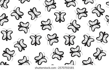 A repeating pattern of simplistic black butterflies on a transparent background. The design is cute, elegant and suitable for various applications.