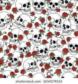 A repeating pattern of skulls and red roses adorned with greenery