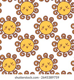 Repeating pattern of sleeping sun faces with spiral rays and peaceful expressions in hand-drawn style