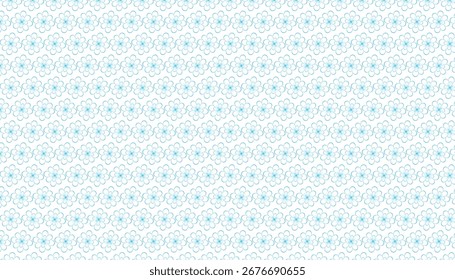 A repeating pattern of small blue outlined flowers covers the white background uniformly.