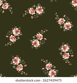 A repeating pattern of small bouquets of pink flowers on a dark olive green background. The flowers are a light, pinkish peach color with some shading and highlights.