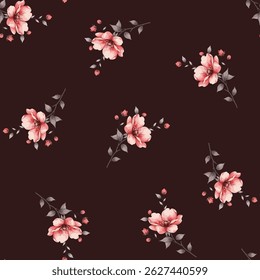 A repeating pattern of small, delicate flowers on a dark maroon background. The flowers are a soft, light pink, and appear to be a stylized version of a blossom or similar flower.
