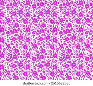 A repeating pattern of small, delicate pink flowers and leaves on a black background.