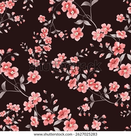 A repeating pattern of small, delicate pink flowers is set against a dark brown or black background. The flowers have a soft, almost watercolor like quality, with subtle variations in shade and tone.