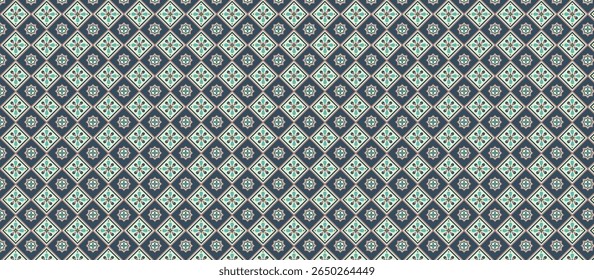 Repeating Pattern of Small Diamond Tiles in Dark Teal-Gray with Stylized Floral or Star Motifs in Light Teal, Mint Green, and Pale Peach, Creating a Dense, Symmetrical, Decorative Surface Design