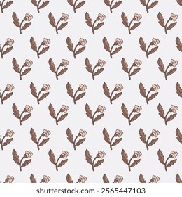A repeating pattern of small floral motifs and leaves in Mocha Mousse tones. This vector illustration is ideal for fabric and paper designs.