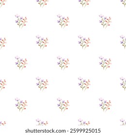 A repeating pattern small floral motifs in pastel colors, set against a clean white background, offering a delicate and minimalist design perfect for textiles, stationery, and decorative projects.