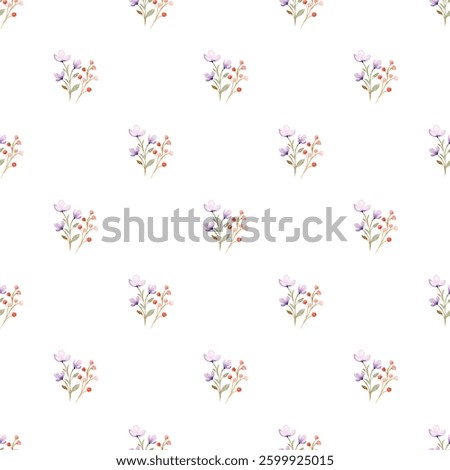 A repeating pattern small floral motifs in pastel colors, set against a clean white background, offering a delicate and minimalist design perfect for textiles, stationery, and decorative projects.