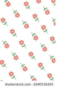 A repeating pattern of small flowers with green stems in a clean style. Blossoms are arranged diagonally creating a seamless floral background. Cartoon vector illustration.
