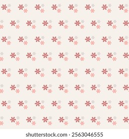 Repeating pattern of small flowers in shades of pink and light purple on a white background. Each cluster consists of three flowers - one larger dusty rose flower