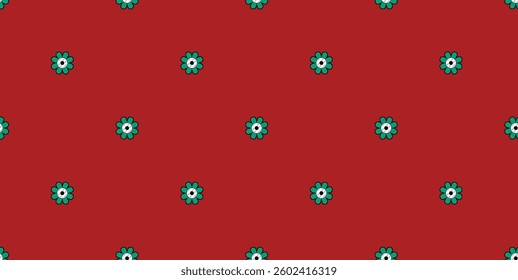 repeating pattern of small green and white floral shapes on a red background, for textile, wallpaper, gift wrapping.