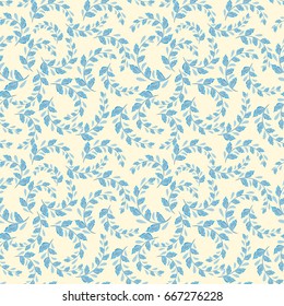 A repeating pattern of small leaves. Prints for cotton fabrics in country style. Hand drawing leaf vector. Blue om white.