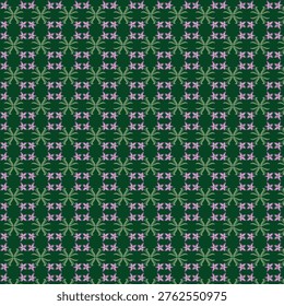 Repeating pattern of small purple flowers and green leaves on darkgreen background