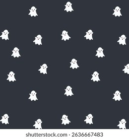 Repeating pattern of small white cartoon ghosts on a black background, perfect for Halloween wallpapers, fabric, or web design.
