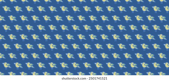 A repeating pattern of small yellow birds with blue outlines on a dark blue background