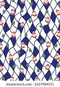 A repeating pattern of smiling cartoon gnomes in red hats and sweaters alternates with decorated Christmas trees on a wavy blue and white diamond background.