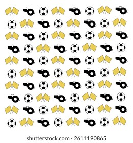 Repeating pattern of soccer balls on a dark blue background.