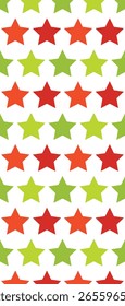 A repeating pattern of stars in various colors, including red, orange, and green, set against a white background.