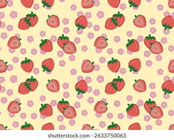 Repeating pattern of strawberries and flowers on yellow background. Pattern with fresh and attractive look, suitable for designs such as textiles, wrapping paper, wallpaper, or digital designs.