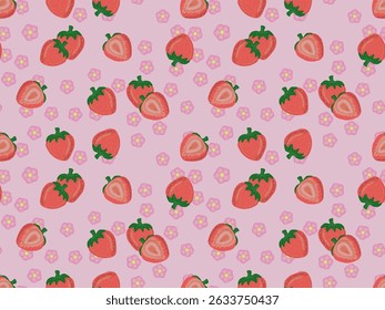 Repeating pattern of strawberries and flowers on pink background. Pattern with fresh and attractive look, suitable for designs such as textiles, wrapping paper, wallpaper, or digital designs.